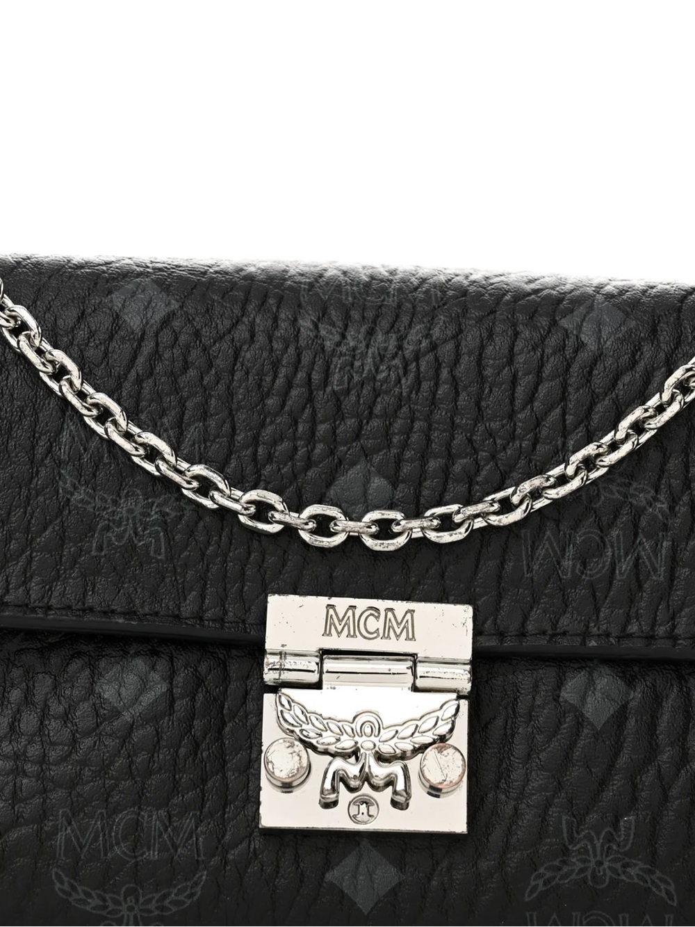 MCM Black Leather Shoulder Bag with Silver Chain and Logo Lock